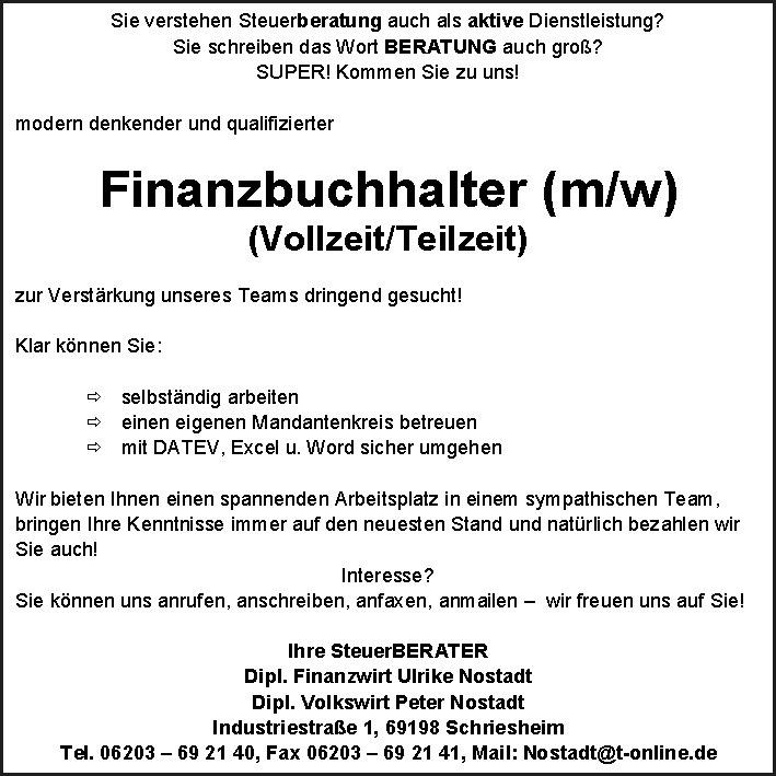 Finanzbuchhalter (m/w/d) gesucht für Steuerbüro Nostadt